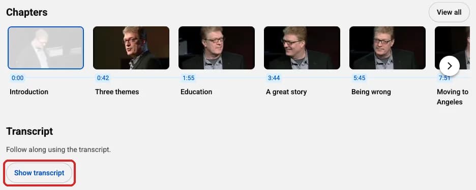 The Show transcript button at the end of the expanded video description