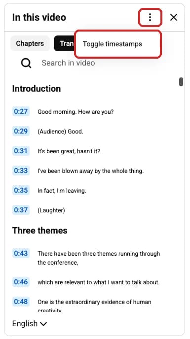 Toggle timestamps in the panel's three-dot menu