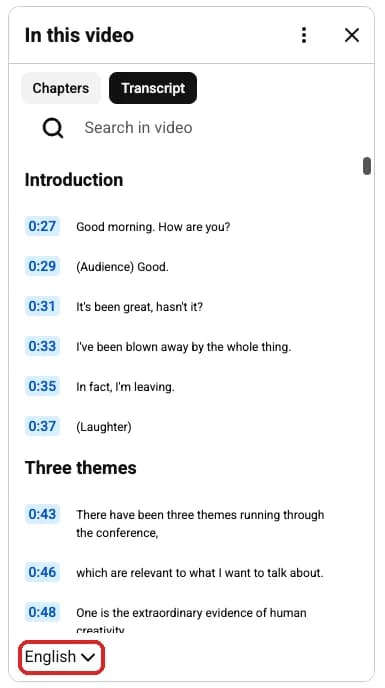 The transcript language menu at the bottom of the panel