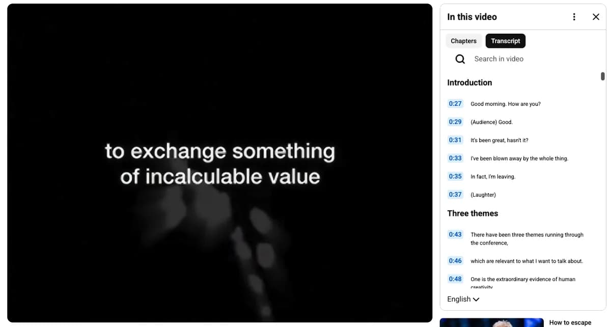 The transcript panel open next to the video, with timestamps and chapter headings