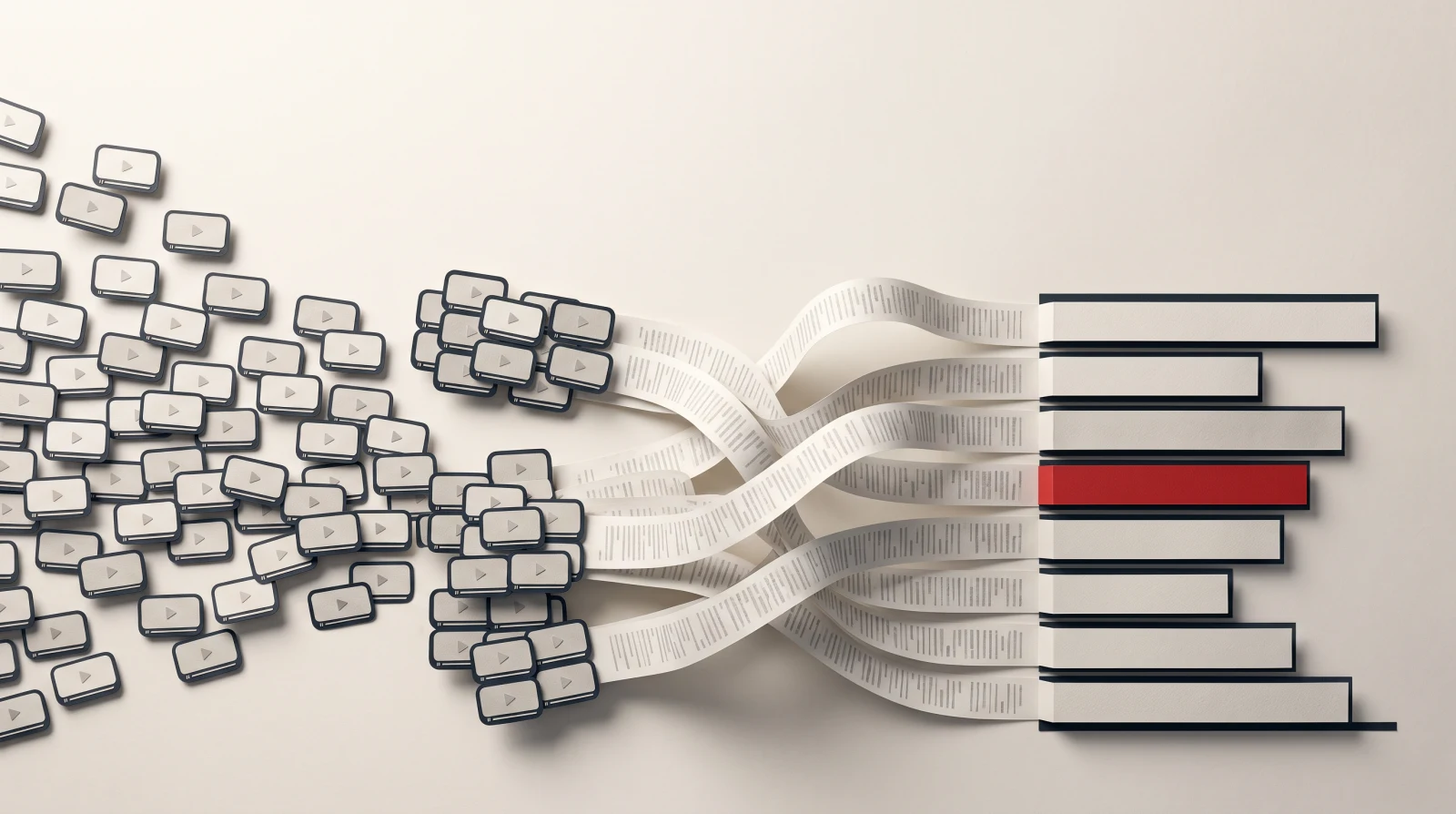 Illustration: video thumbnails turning into transcript ribbons, then into a bar chart with one bar in red